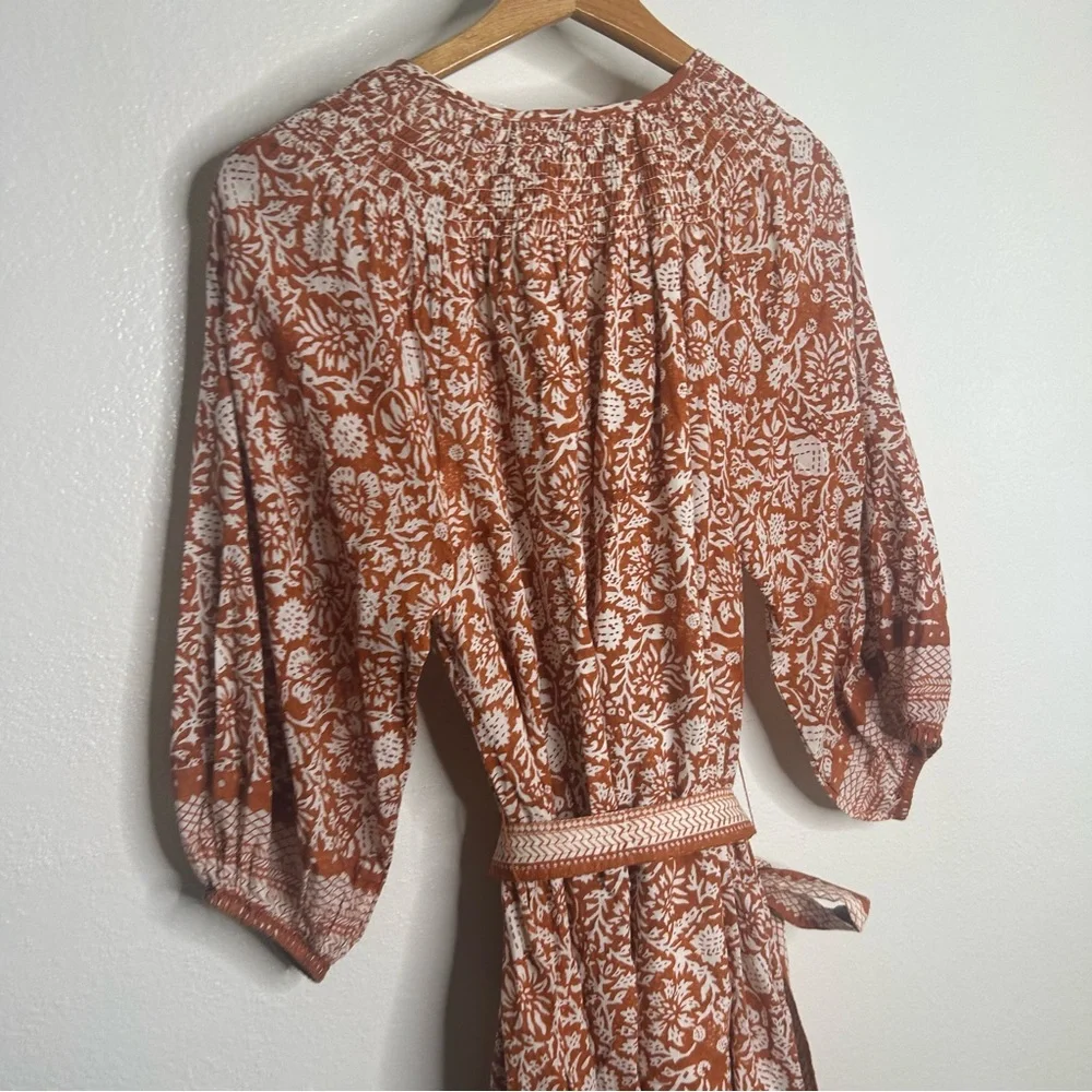 Cleobella Organic Cotton Belted Puff Sleeve Mini Dress Orange Floral Vivian S